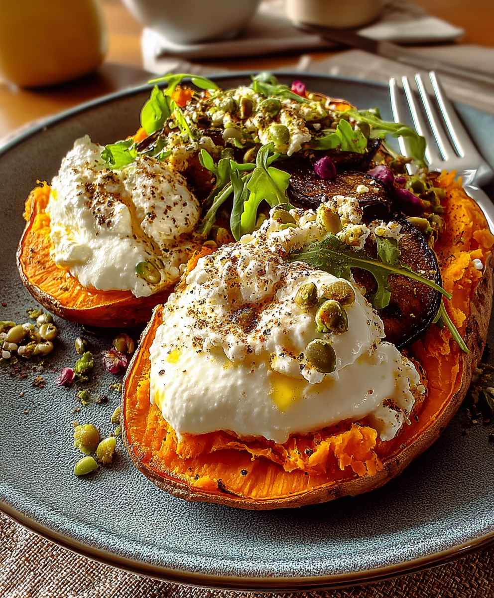 Gebackene Süßkartoffel Auberginencreme Burrata