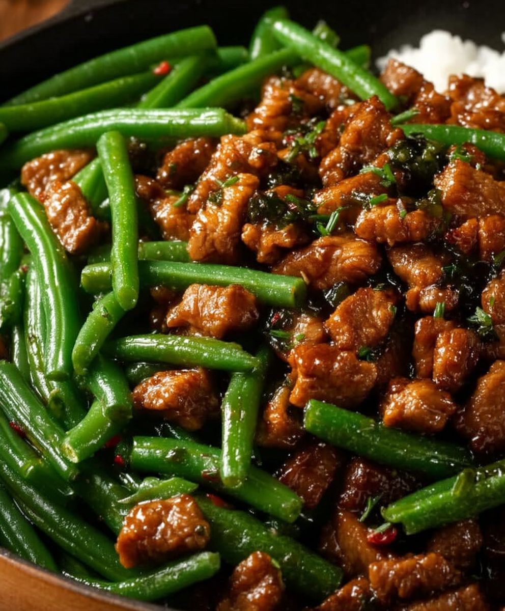 Schweinefleisch Pfanne Grüne Bohnen