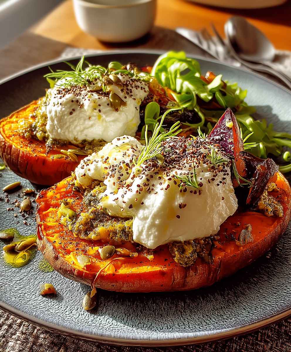 Gebackene Süßkartoffel Auberginencreme Burrata