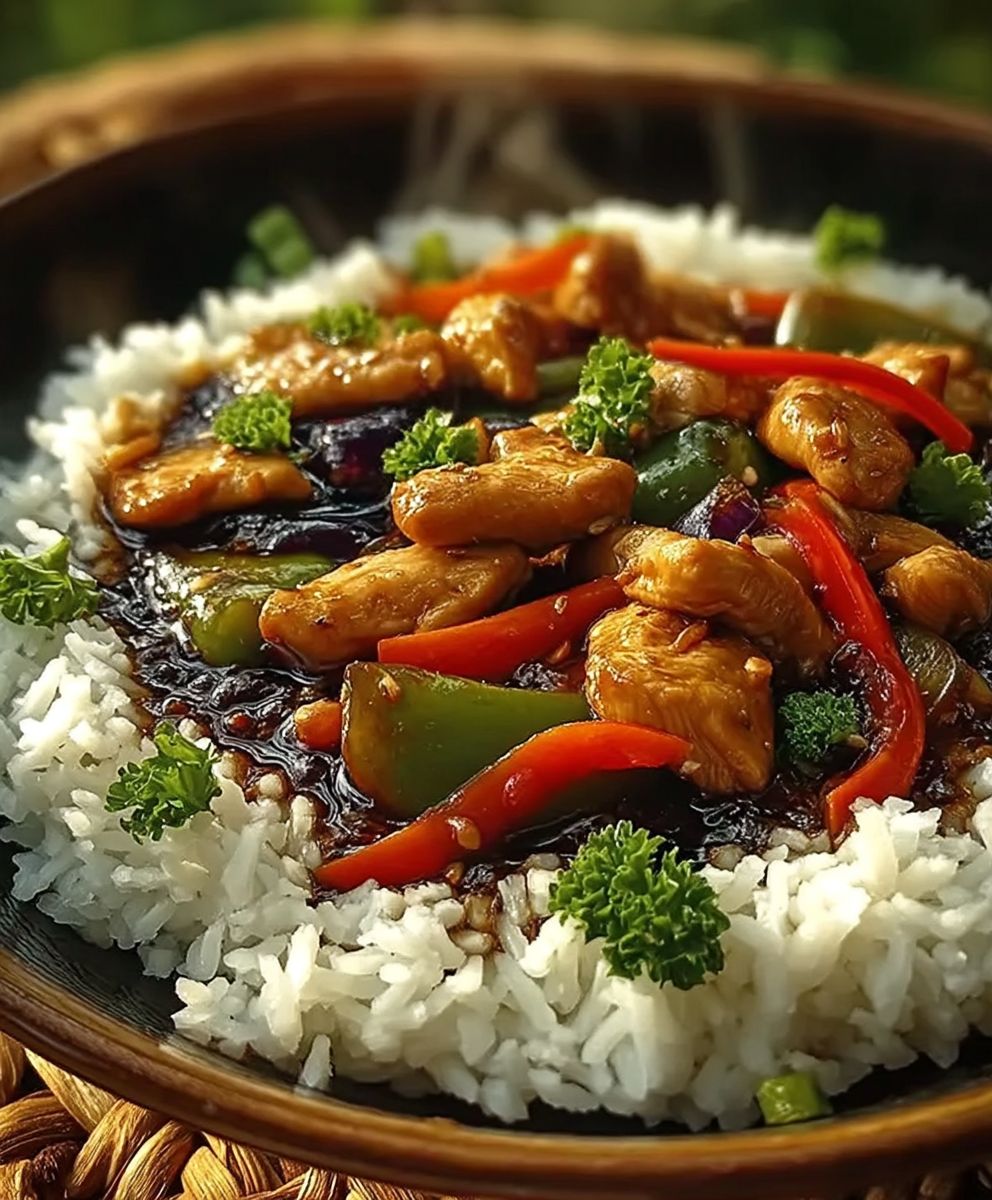 Chinesische Hähnchenpfanne mit Reis