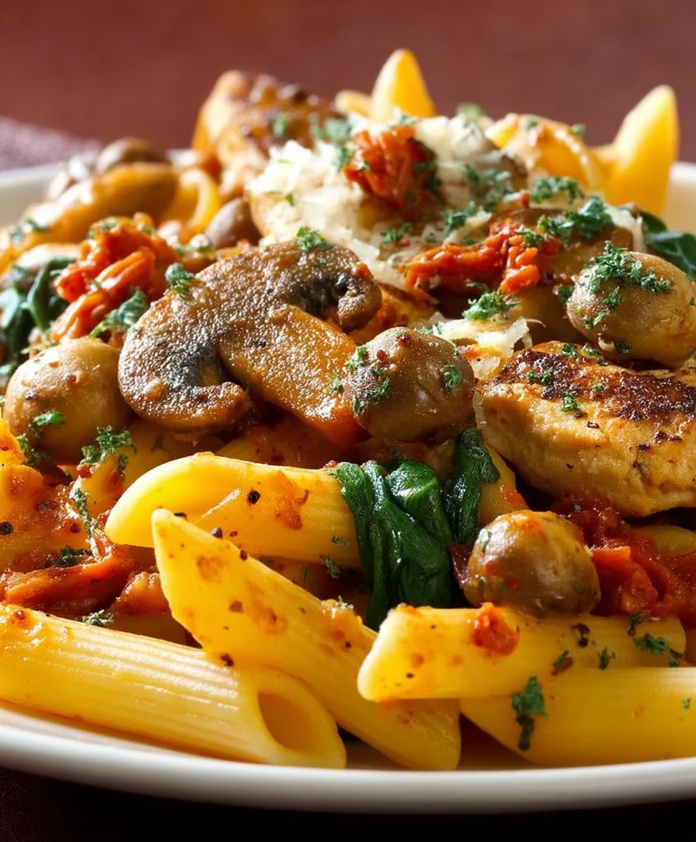 Penne Pilze Hähnchen Spinat