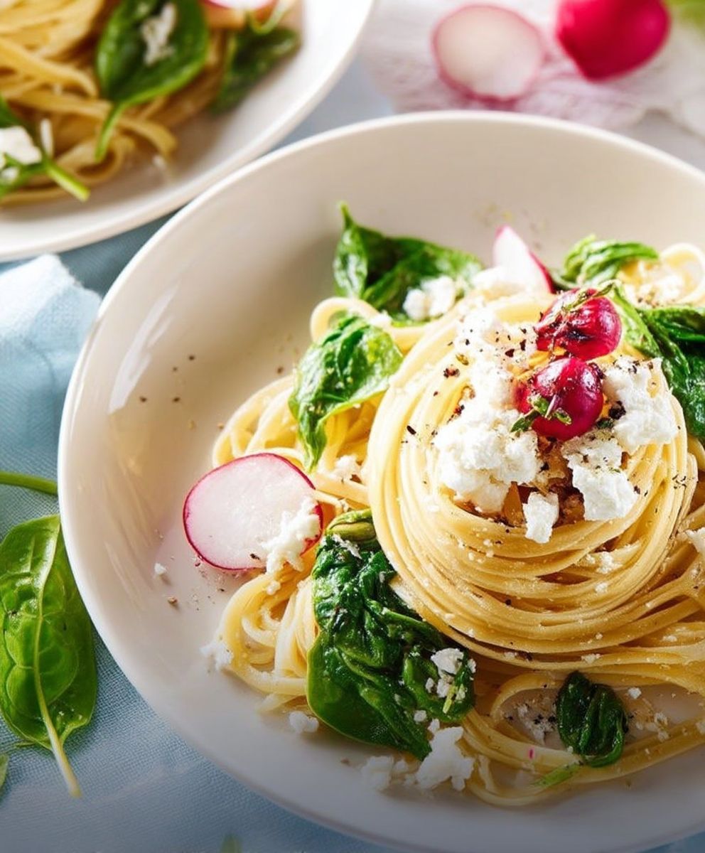 Linguine Spinat Feta Radieschen