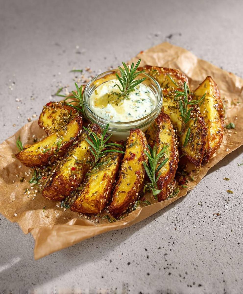 Knusprige Kartoffelspalten Quark Dip
