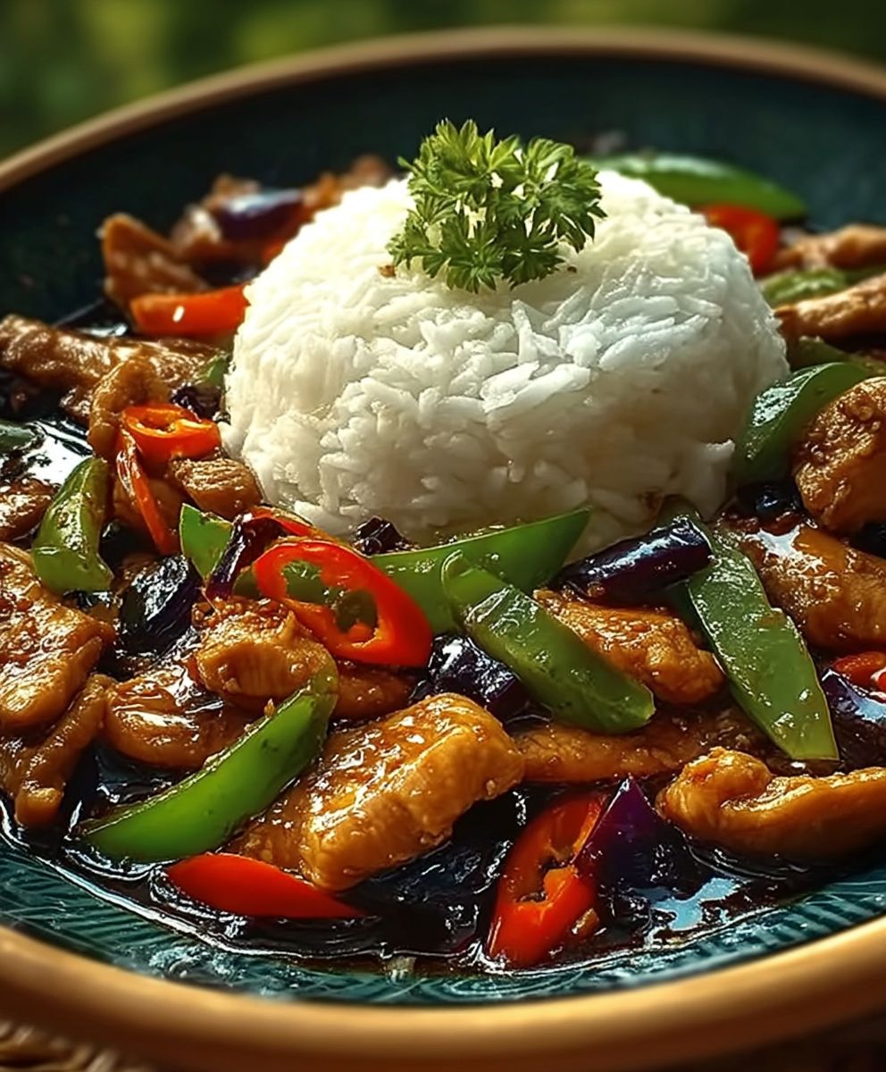 Chinesische Hähnchenpfanne mit Reis