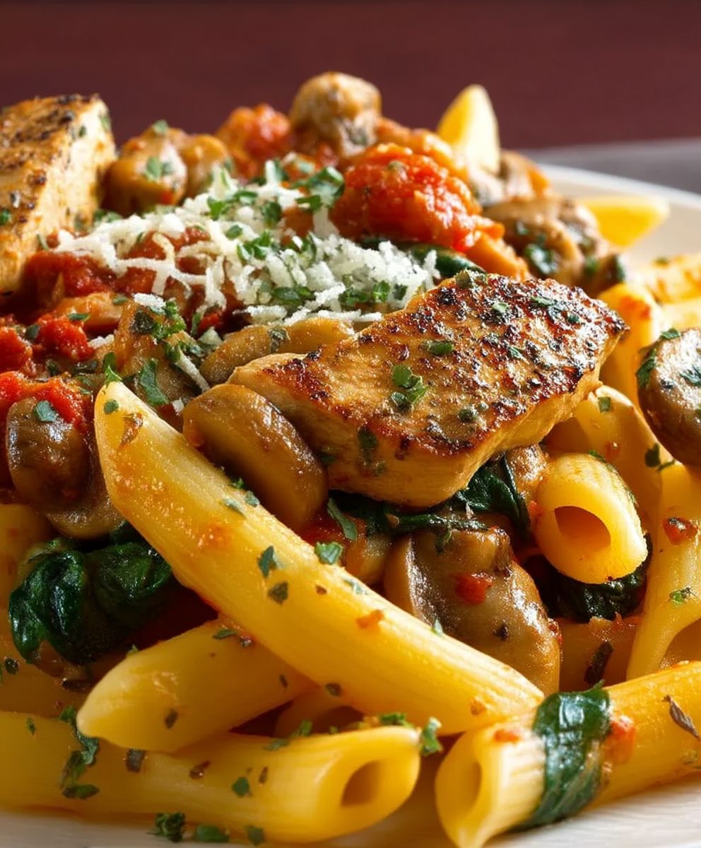Penne Pilze Hähnchen Spinat