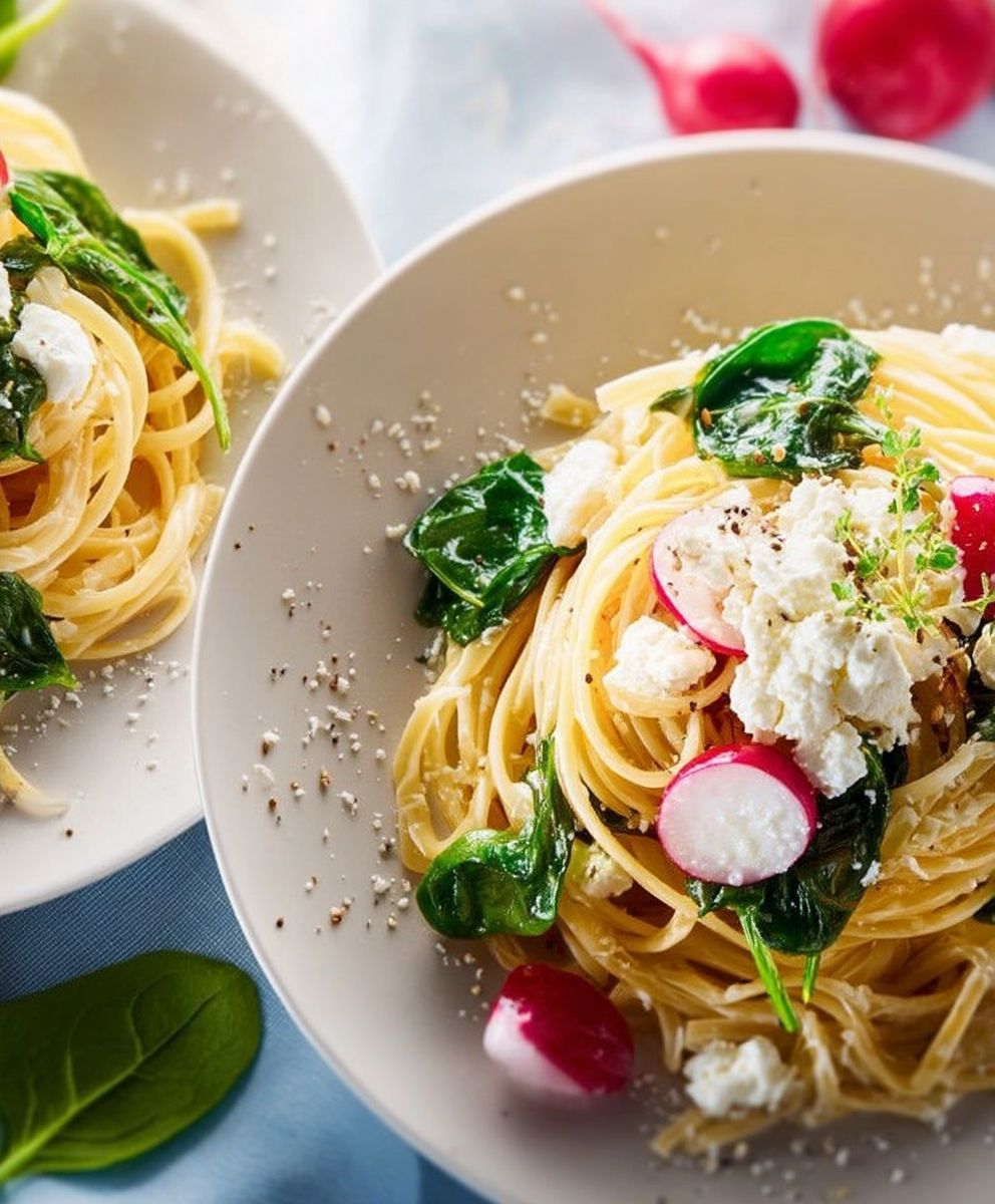 Linguine Spinat Feta Radieschen