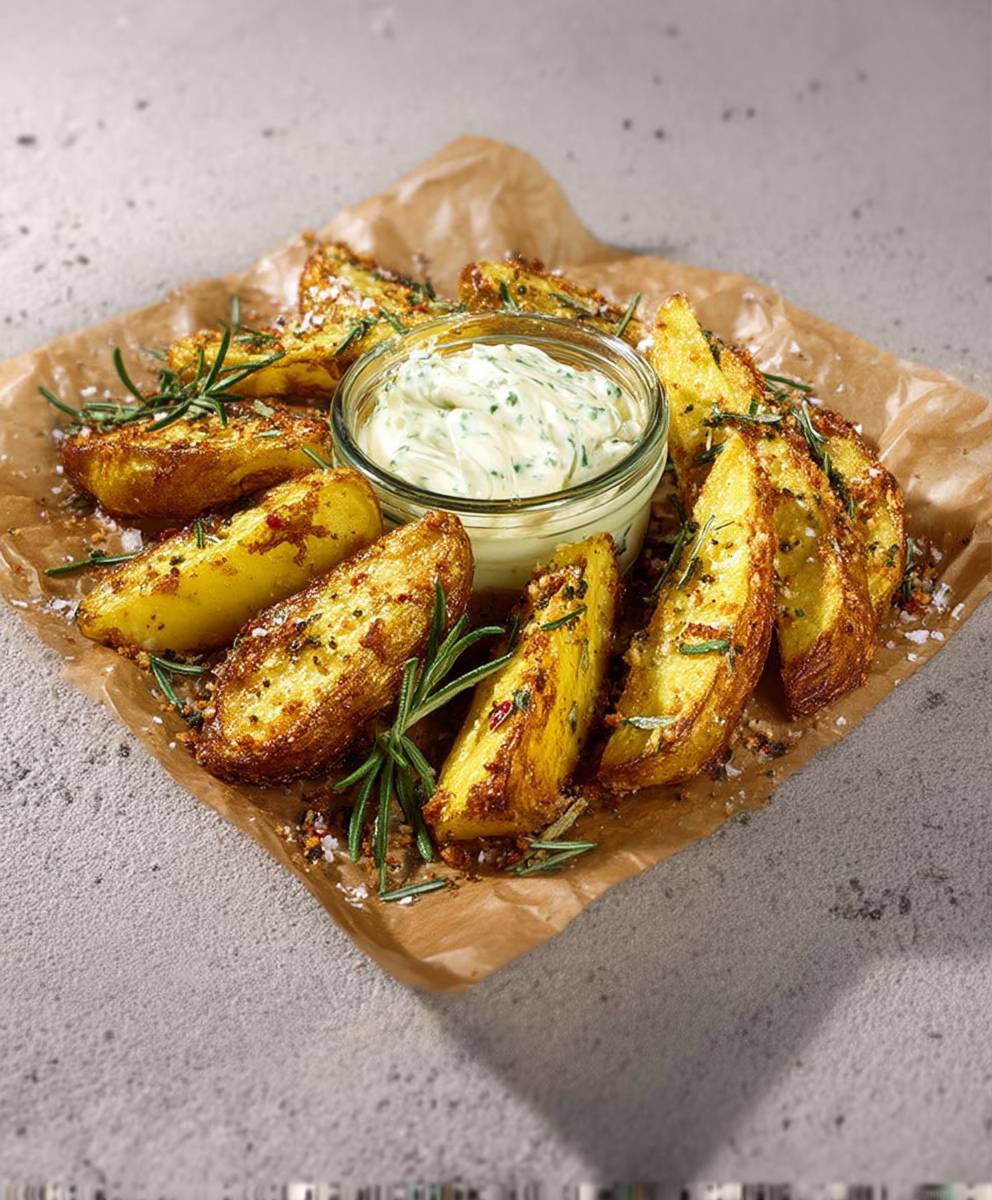 Knusprige Kartoffelspalten Quark Dip