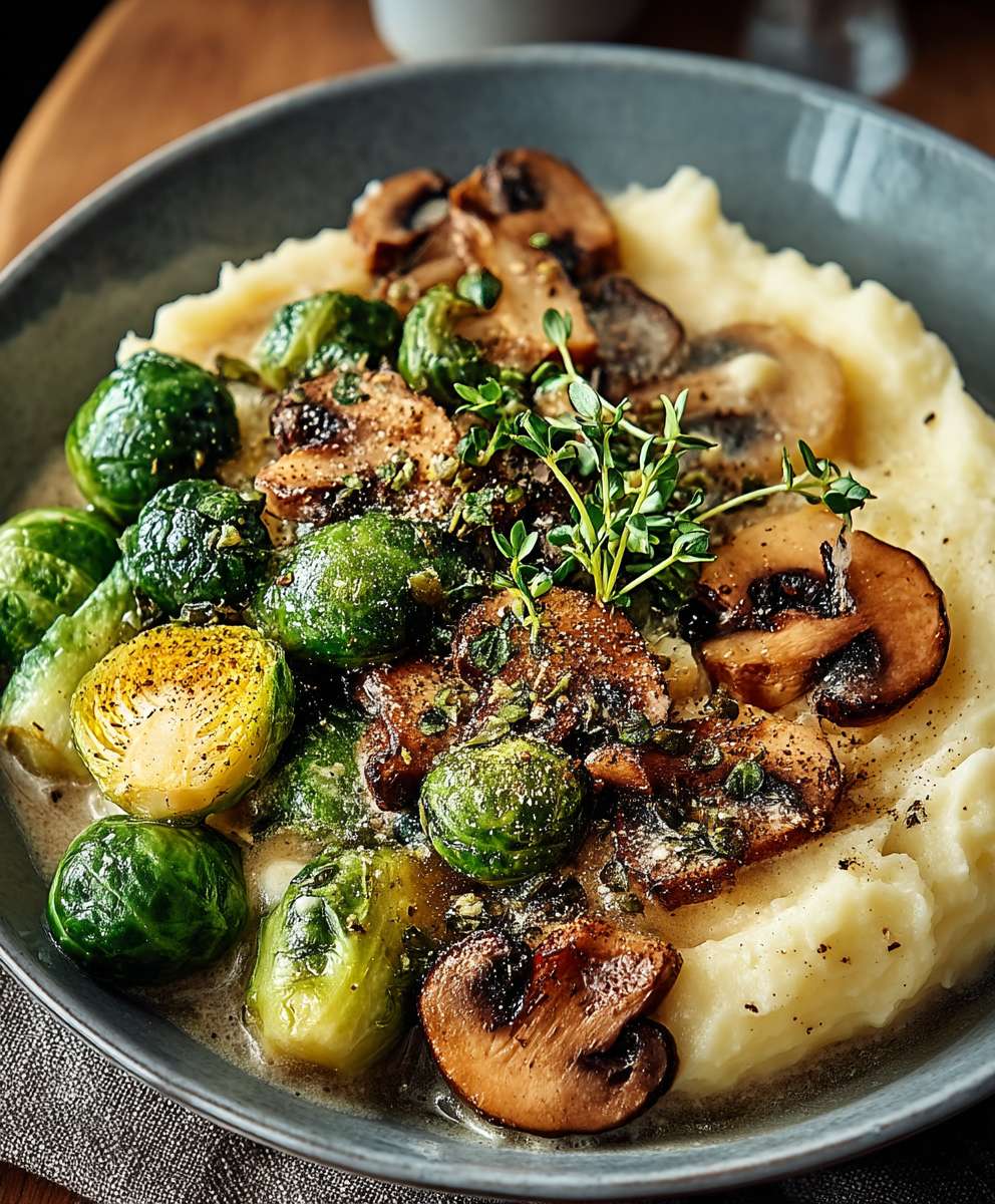 Pilzpfanne Rosenkohl Kartoffelpüree