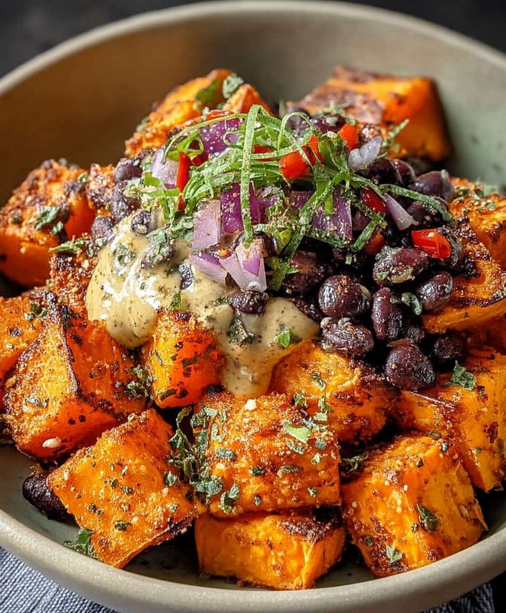 Geröstete Süßkartoffel Schwarze Bohnen