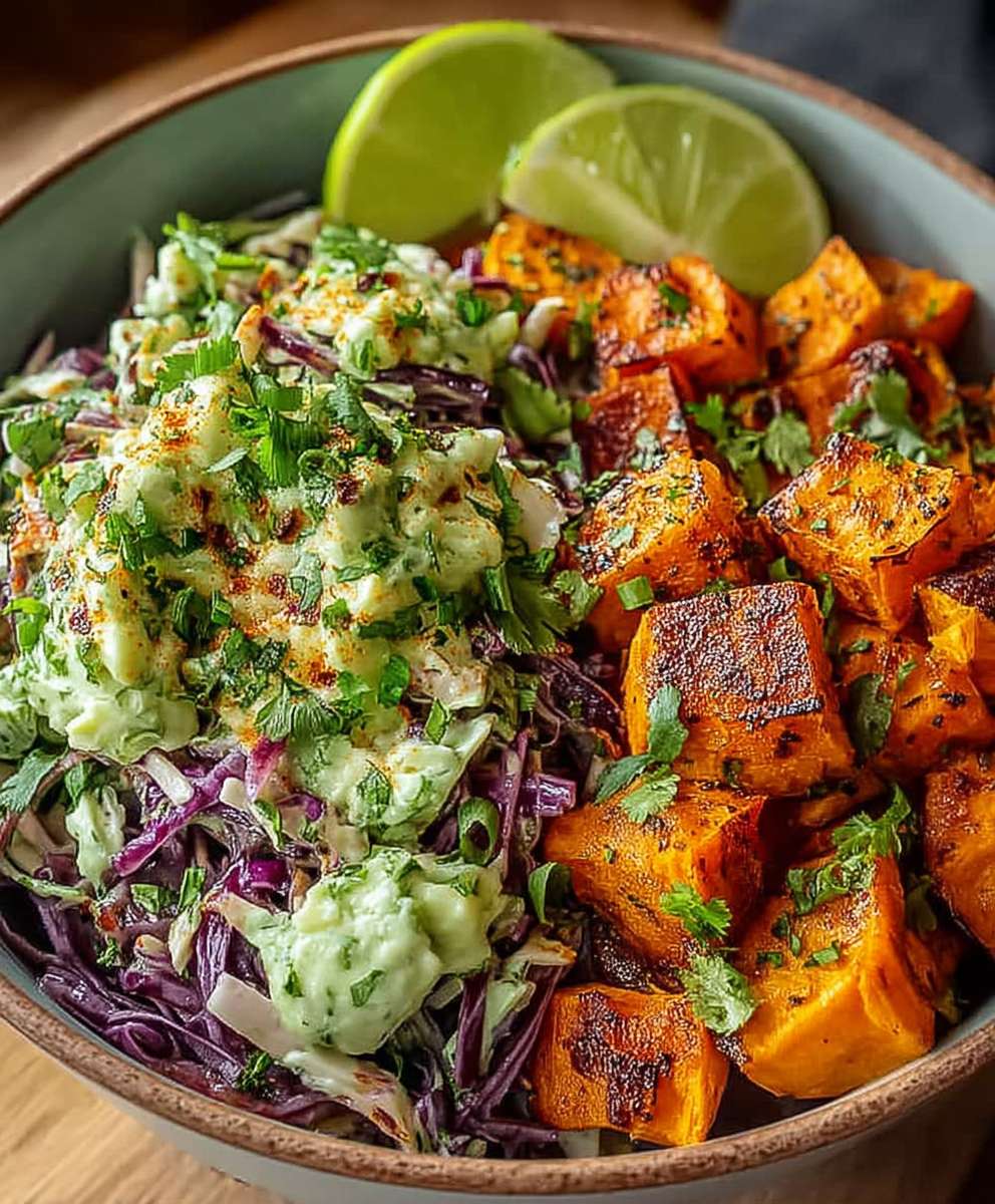 Koriander Limetten Krautsalat Süßkartoffeln
