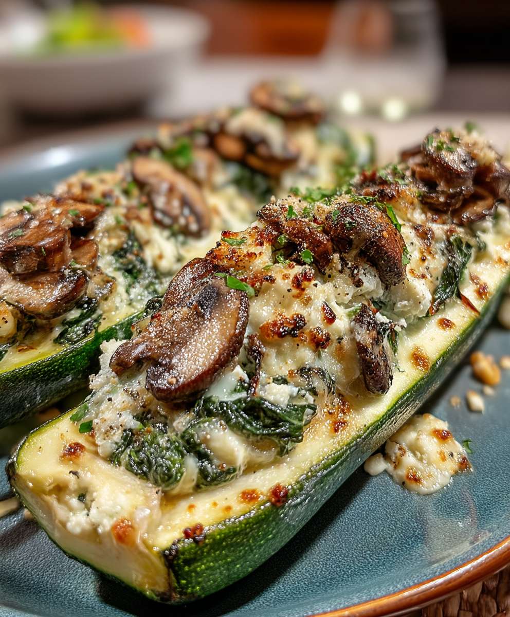 Gefüllte Zucchini Boote Spinat Pilze