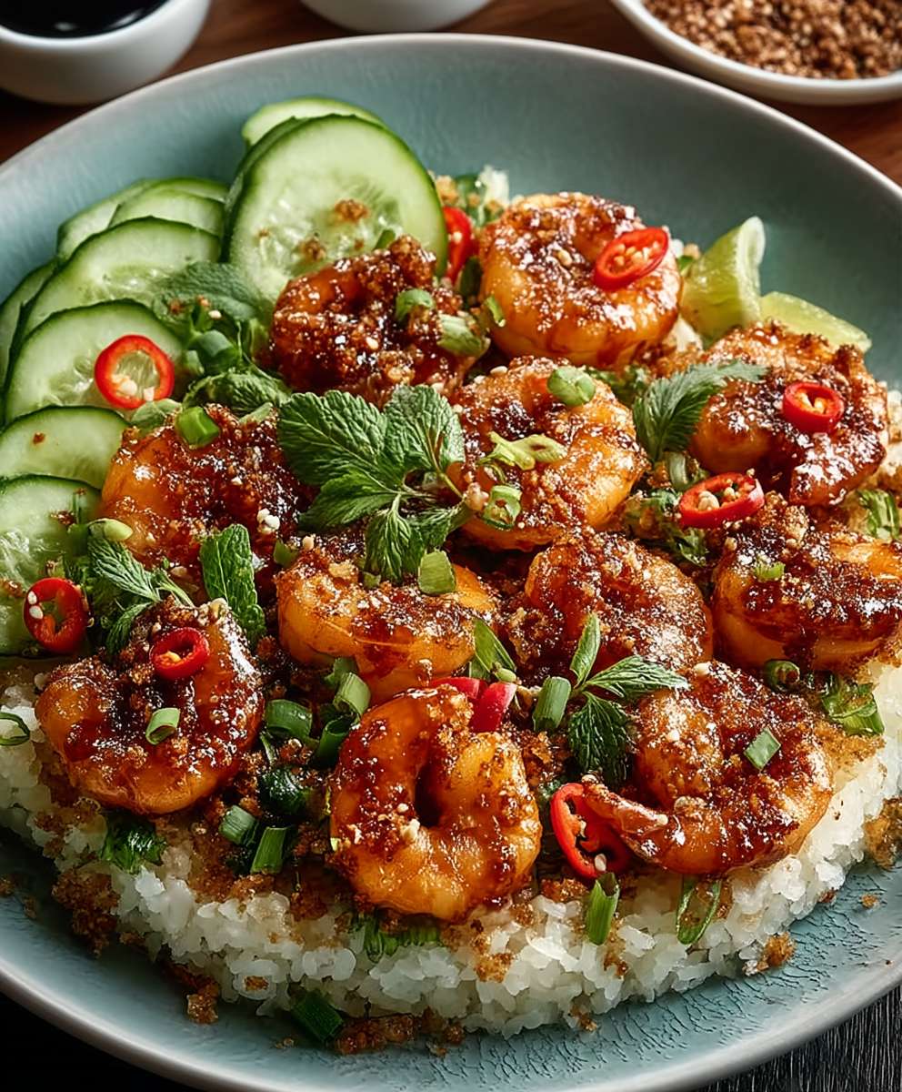 Knuspriger Reis Garnelen Salat