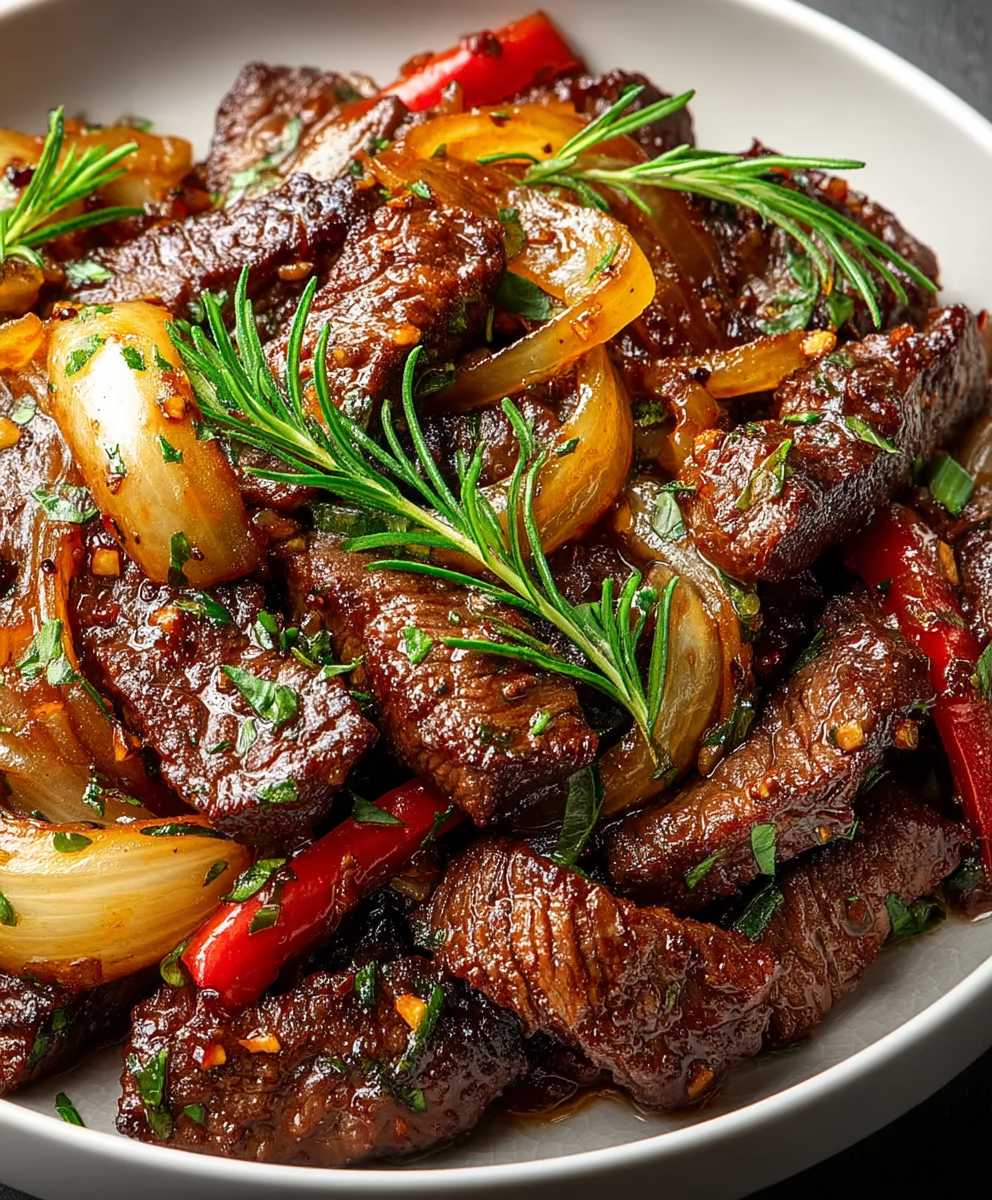 Rindfleischstreifen karamellisierte Zwiebeln