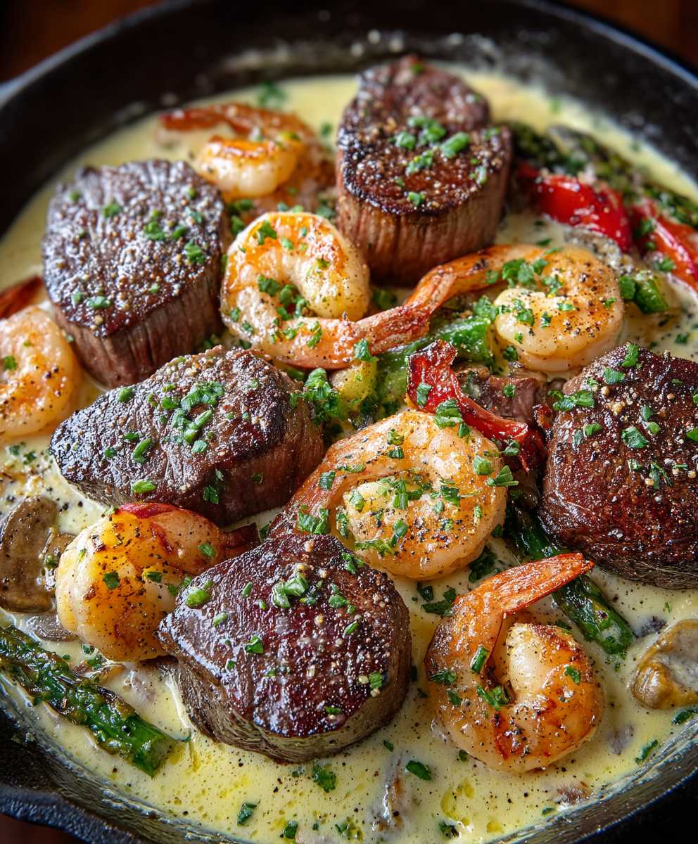 Steak Meeresfrüchte Pfanne Knoblauch Parmesan