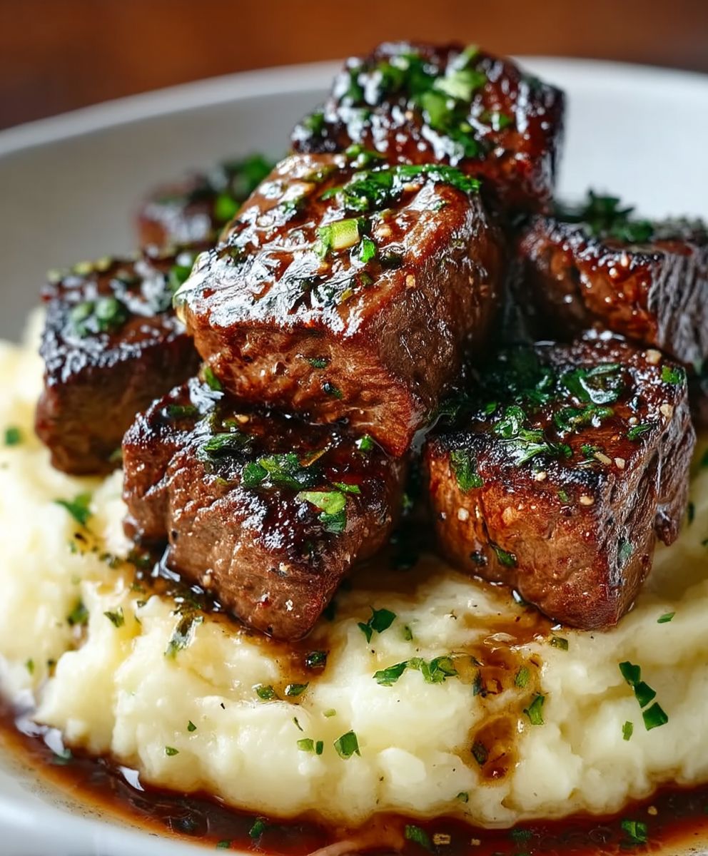 Knoblauchbutter Rinderbissen Kartoffelpüree