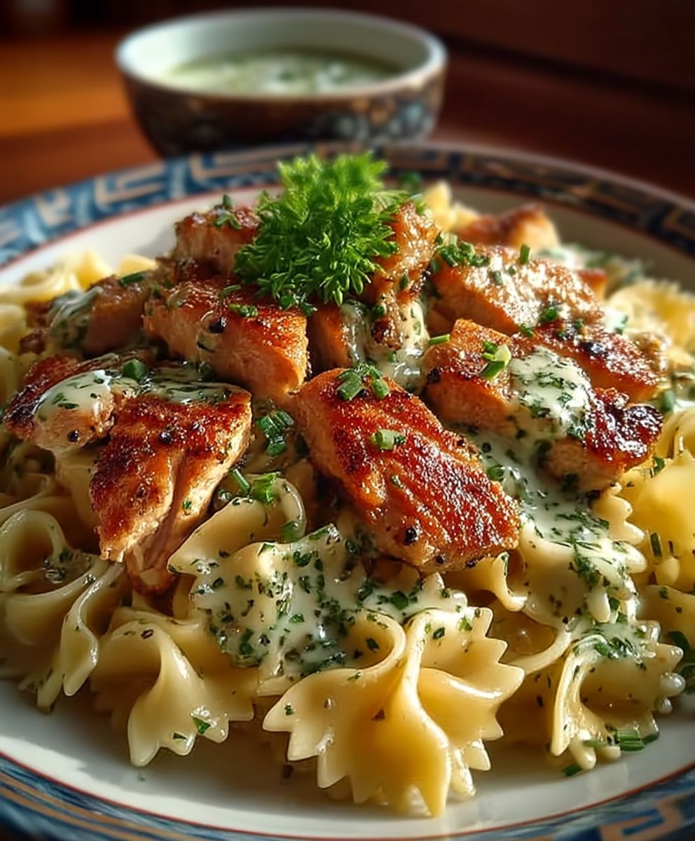 Knuspriges Hähnchen mit Schmetterlingsnudeln