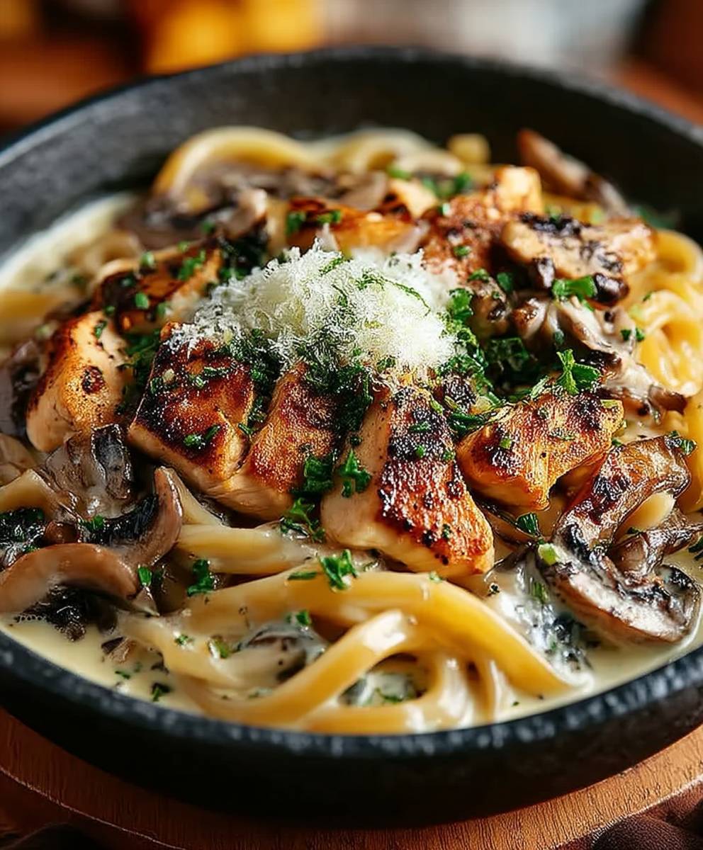 Cremige Pilz Udon Hühnchen