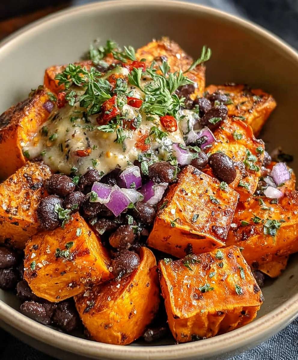 Geröstete Süßkartoffel Schwarze Bohnen