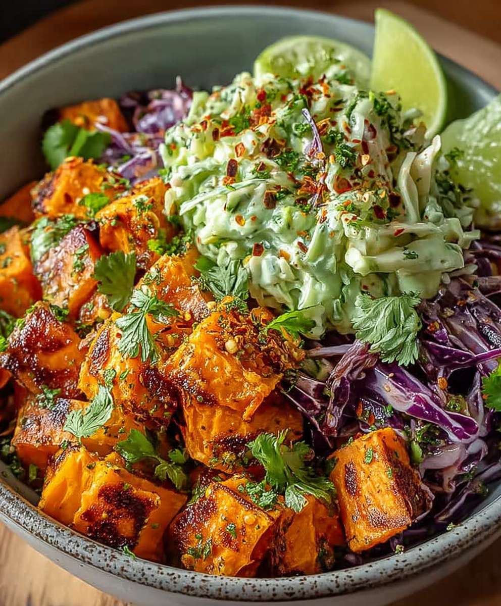 Koriander Limetten Krautsalat Süßkartoffeln