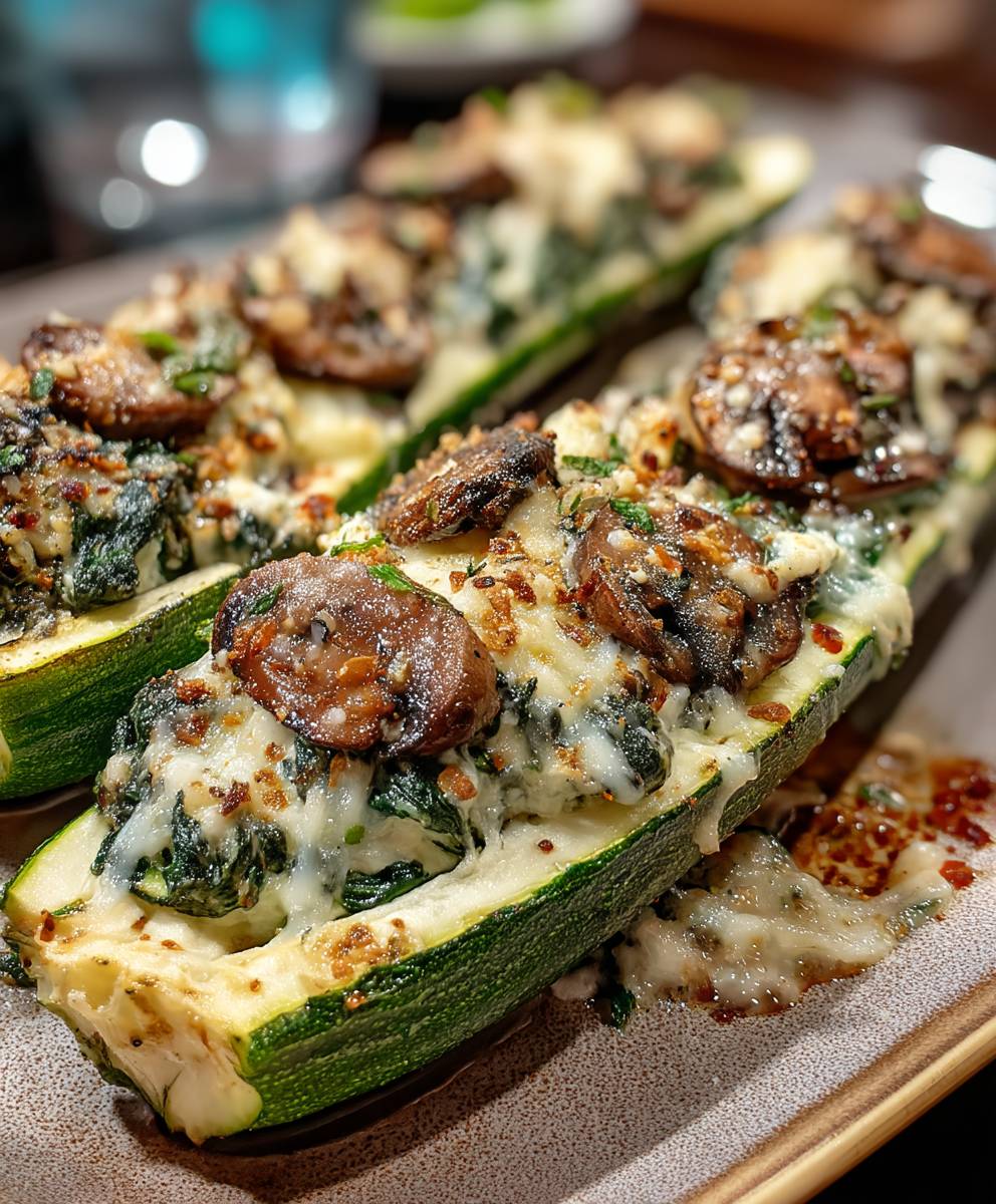 Gefüllte Zucchini Boote Spinat Pilze