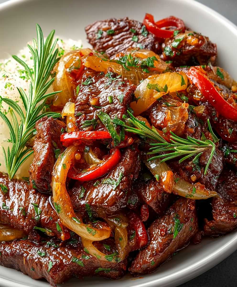 Rindfleischstreifen karamellisierte Zwiebeln