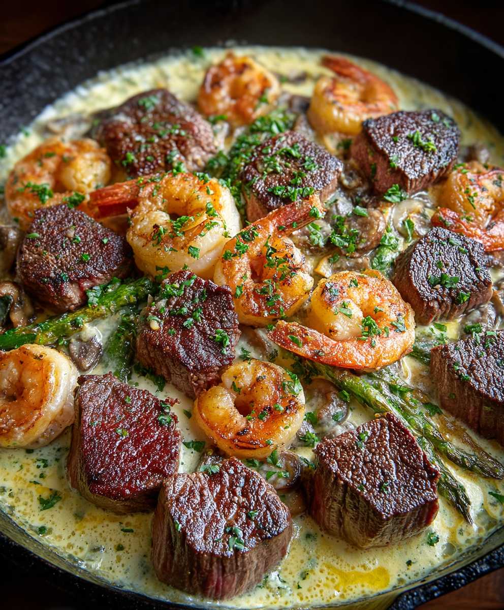 Steak Meeresfrüchte Pfanne Knoblauch Parmesan