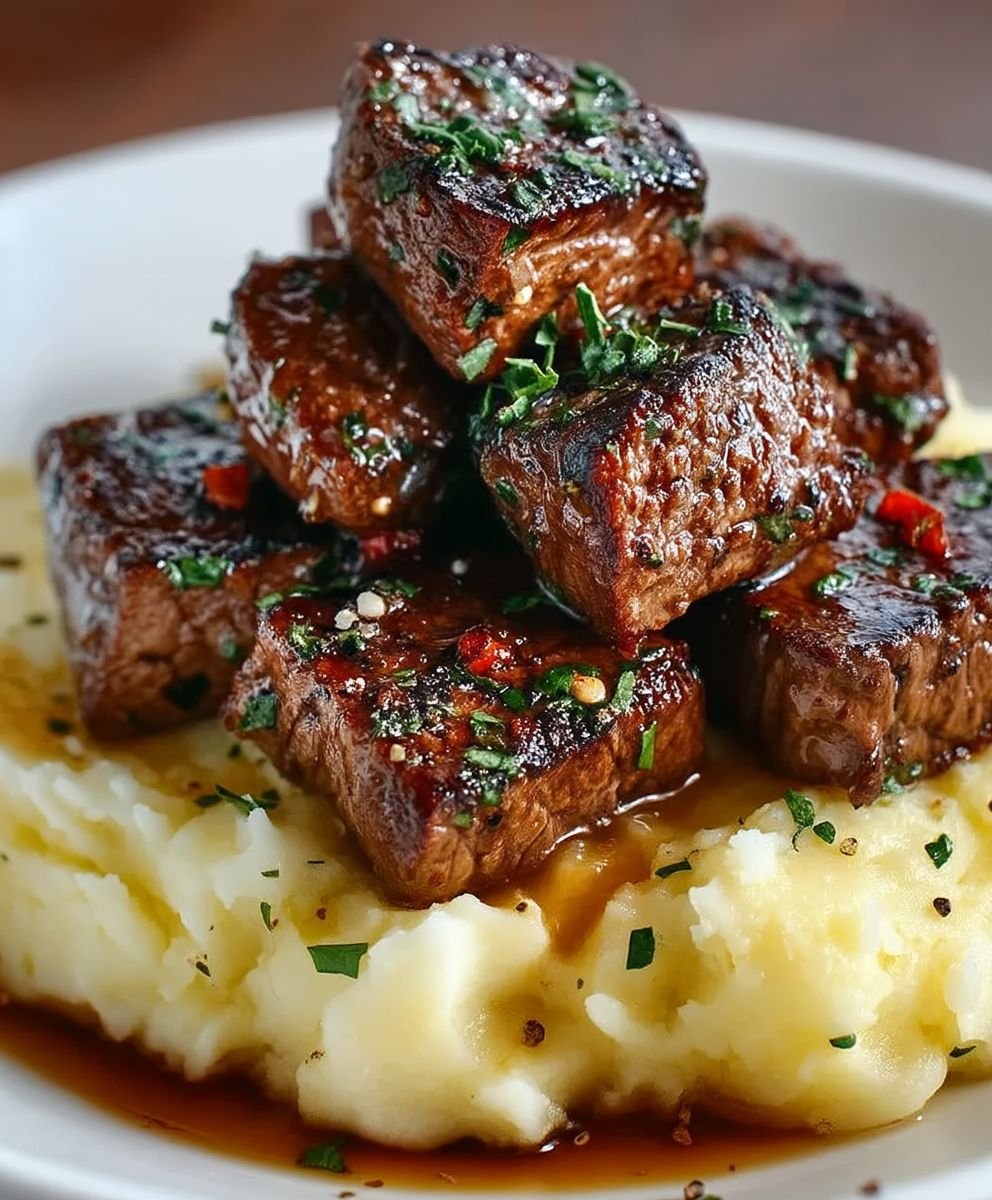 Knoblauchbutter Rinderbissen Kartoffelpüree