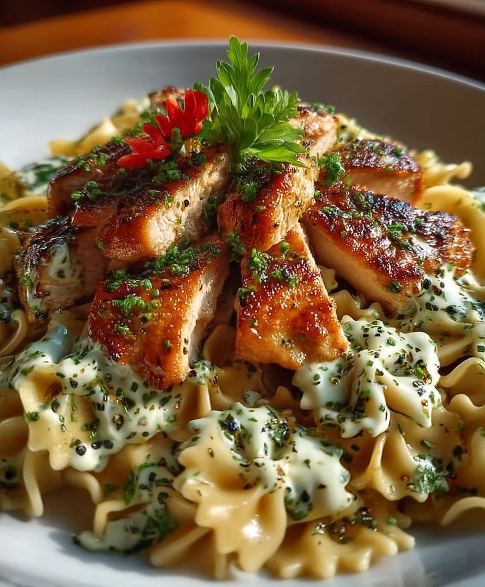 Knuspriges Hähnchen mit Schmetterlingsnudeln