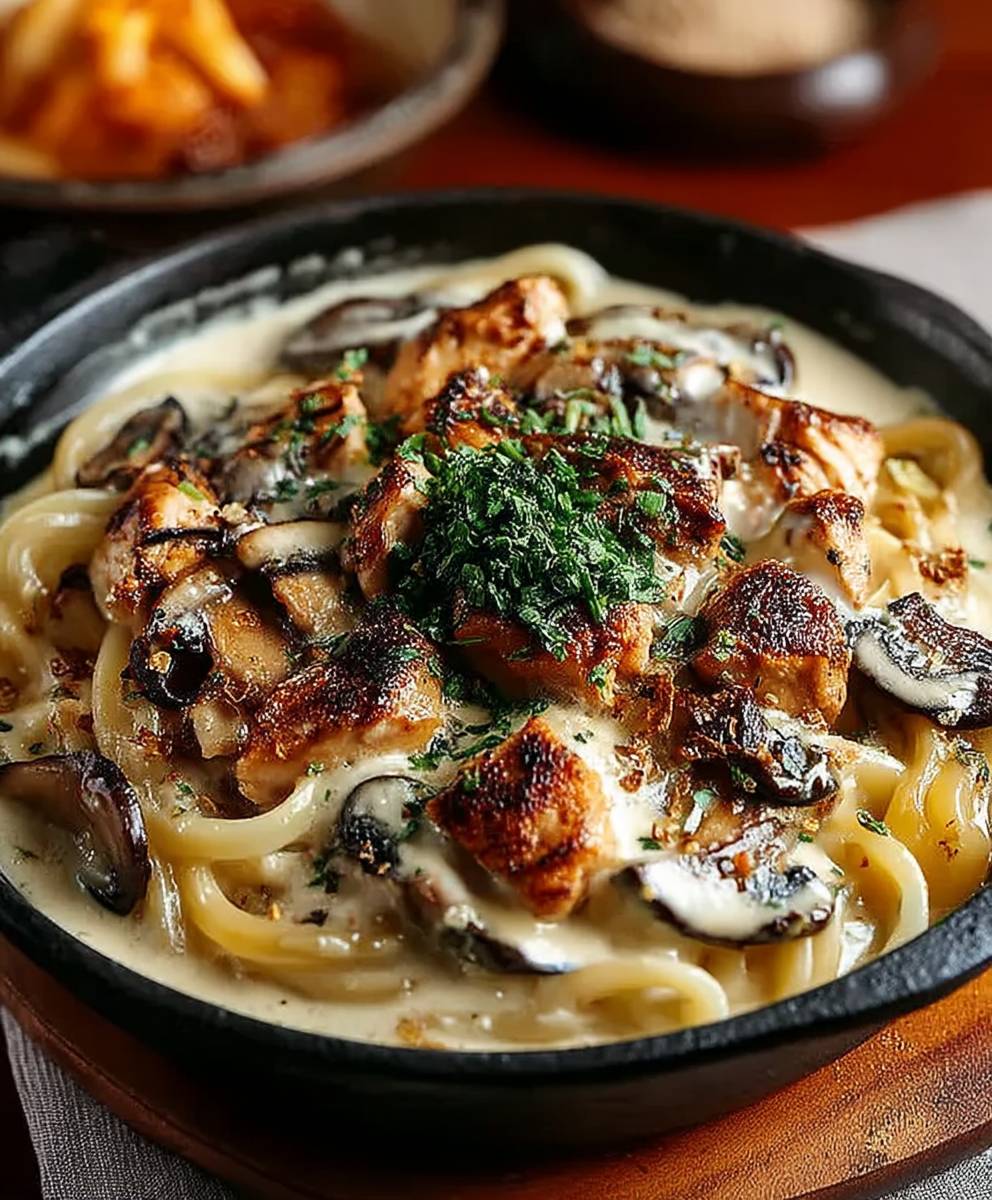 Cremige Pilz Udon Hühnchen