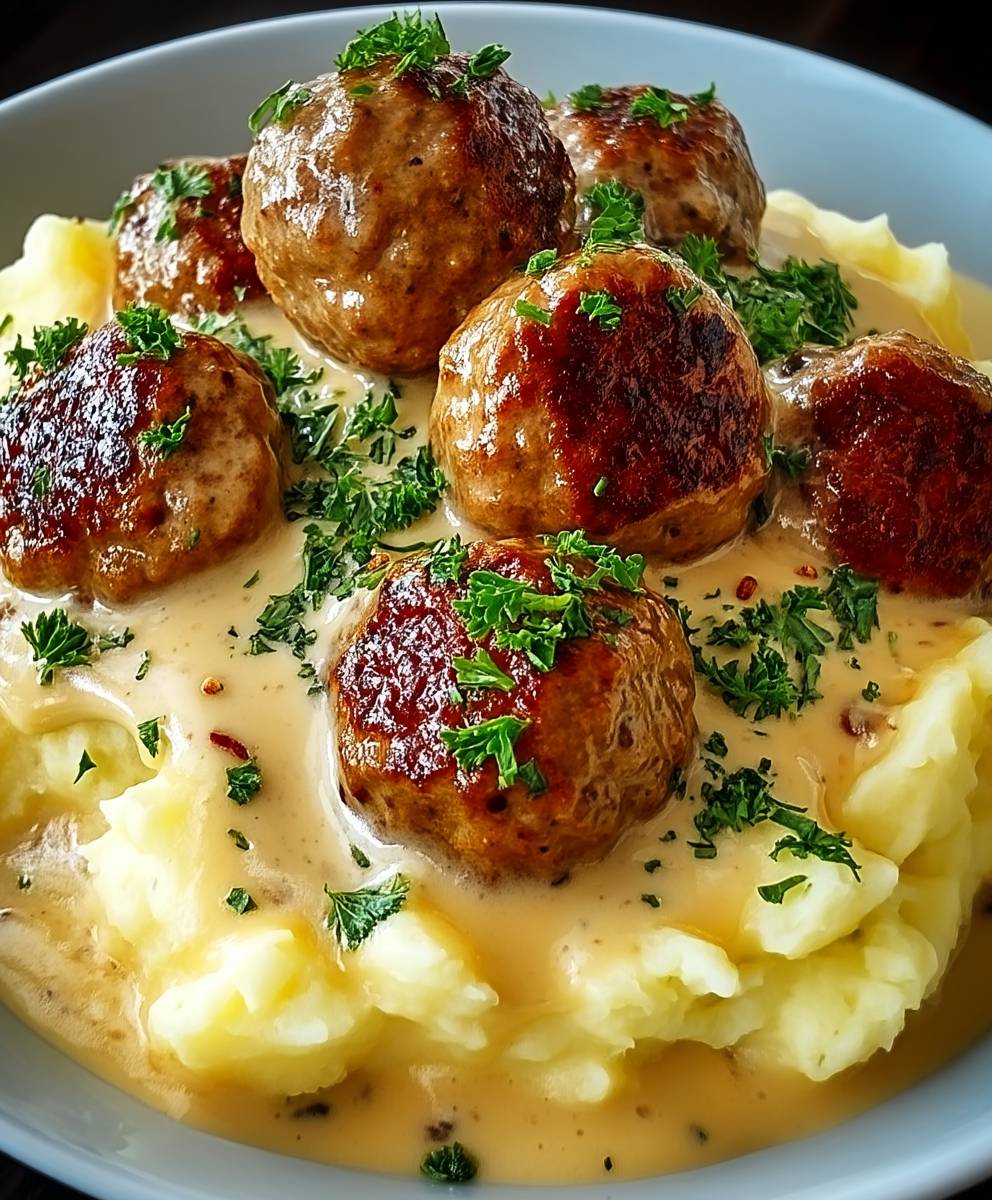Hackbällchen cremige Sauce Kartoffelpüree