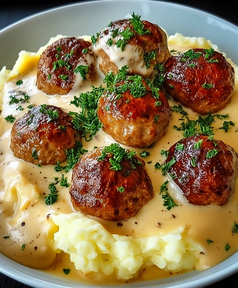 Hackbällchen cremige Sauce Kartoffelpüree