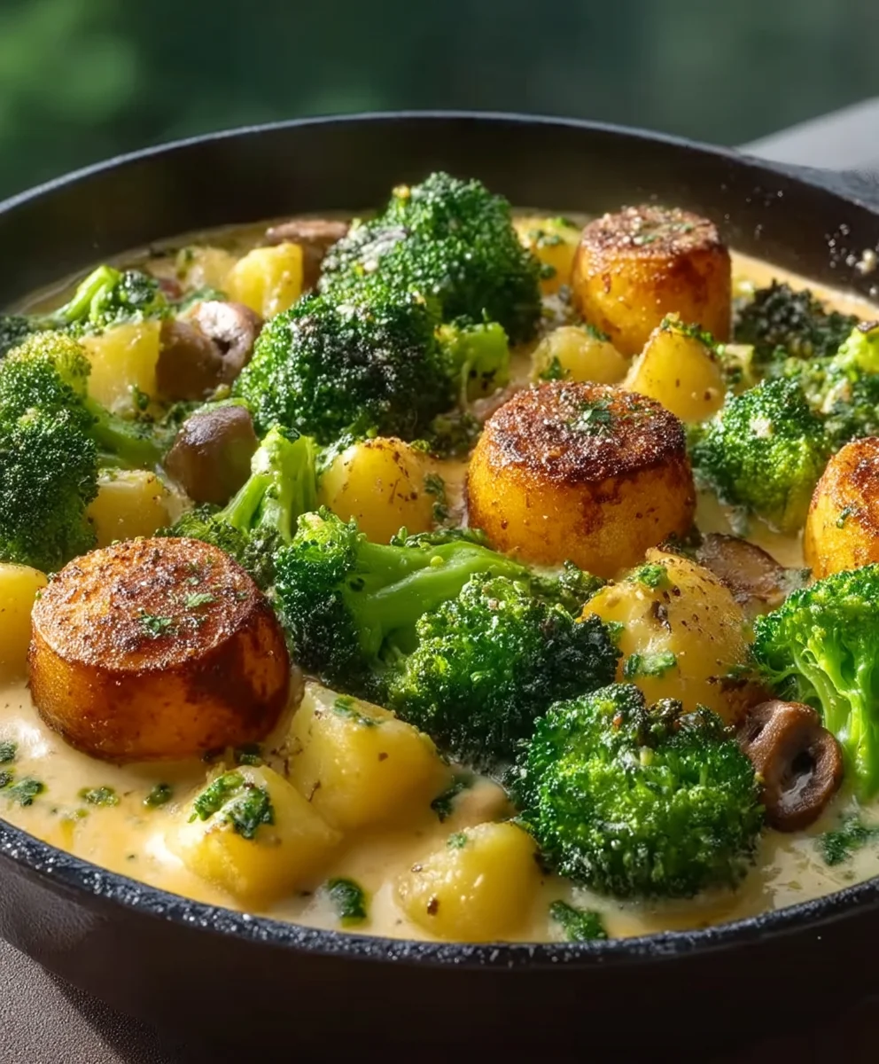 Ultimative Brokkoli Kartoffel Pfanne mit Pilzen & Käse