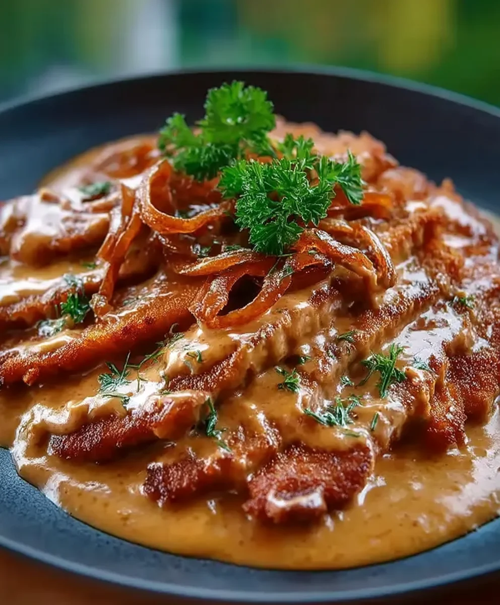 Rinderschnitzelstreifen in cremiger Senfsahnesoße!