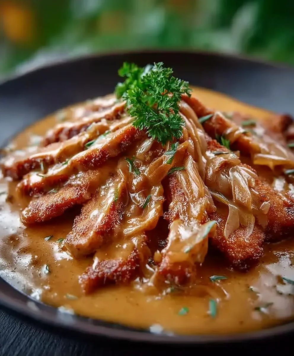 Rinderschnitzelstreifen in cremiger Senfsahnesoße!