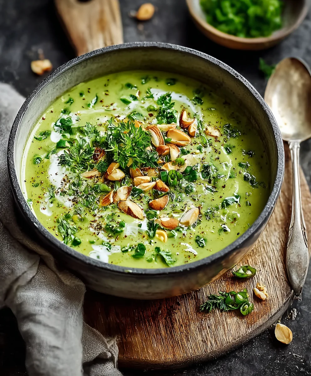 Aromatisches Erbsensüppchen mit Kerbel & gerösteten Mandeln