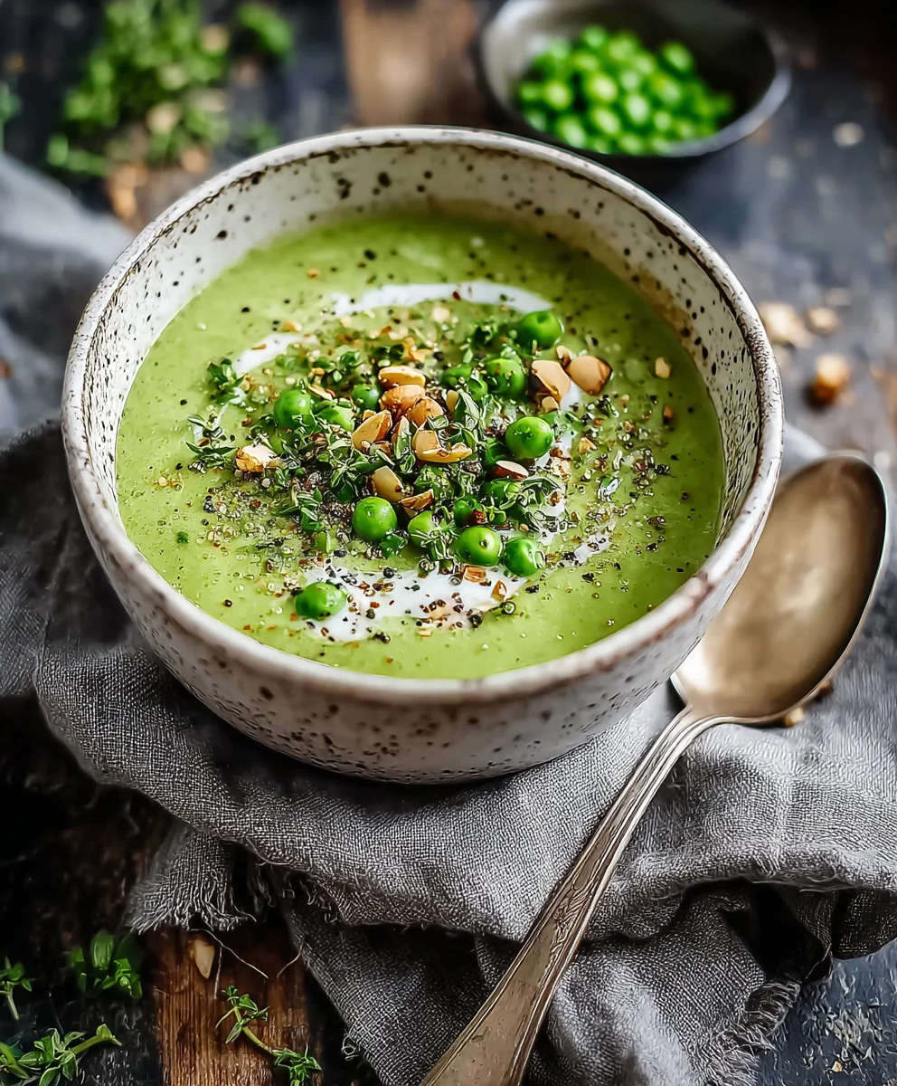 Aromatisches Erbsensüppchen mit Kerbel & gerösteten Mandeln