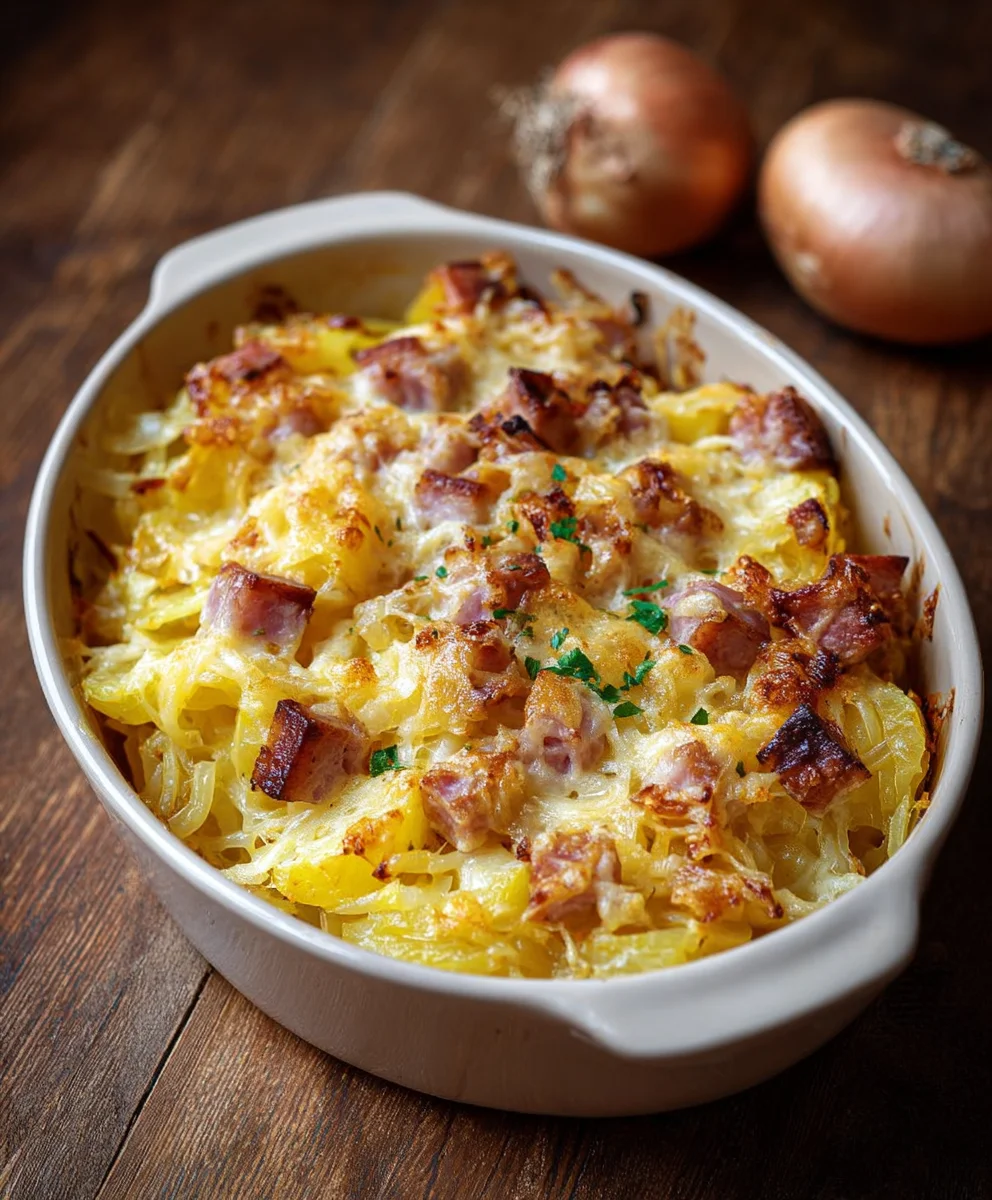 Cremiger Leberkäse Auflauf: Kartoffeln, Zwiebeln, Genuss!