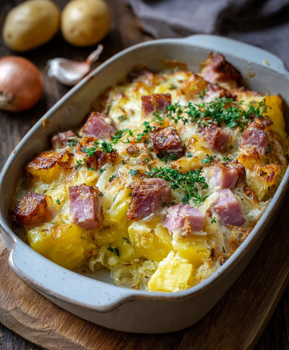 Cremiger Leberkäse Auflauf: Kartoffeln, Zwiebeln, Genuss!