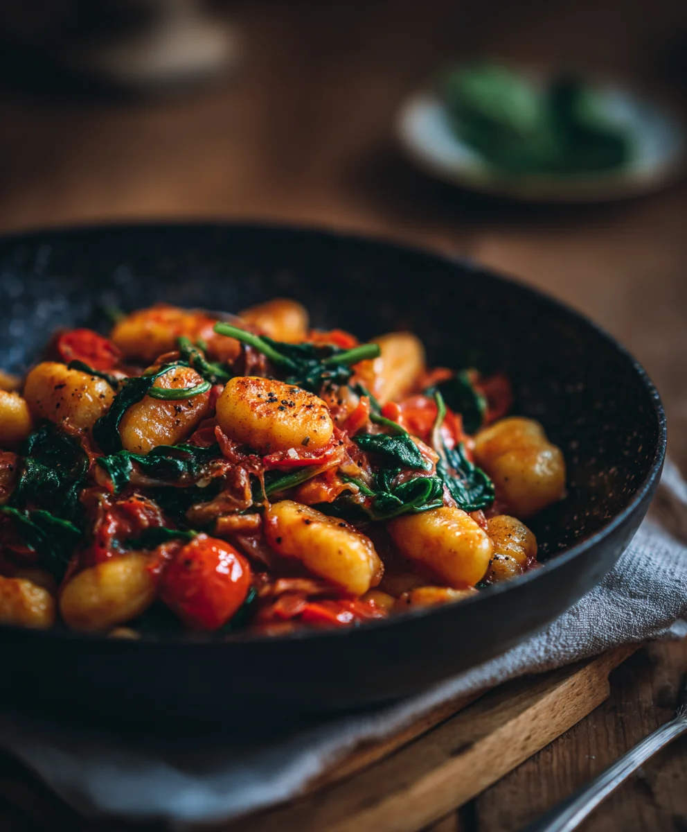 Schnelle Gnocchi Pfanne: Tomate, Spinat – Fertig in Minuten!
