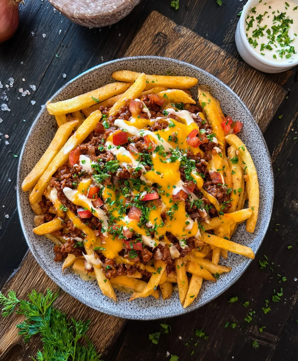 Loaded Fries mit saftigem Rinderhack & cremigem Cheddar!