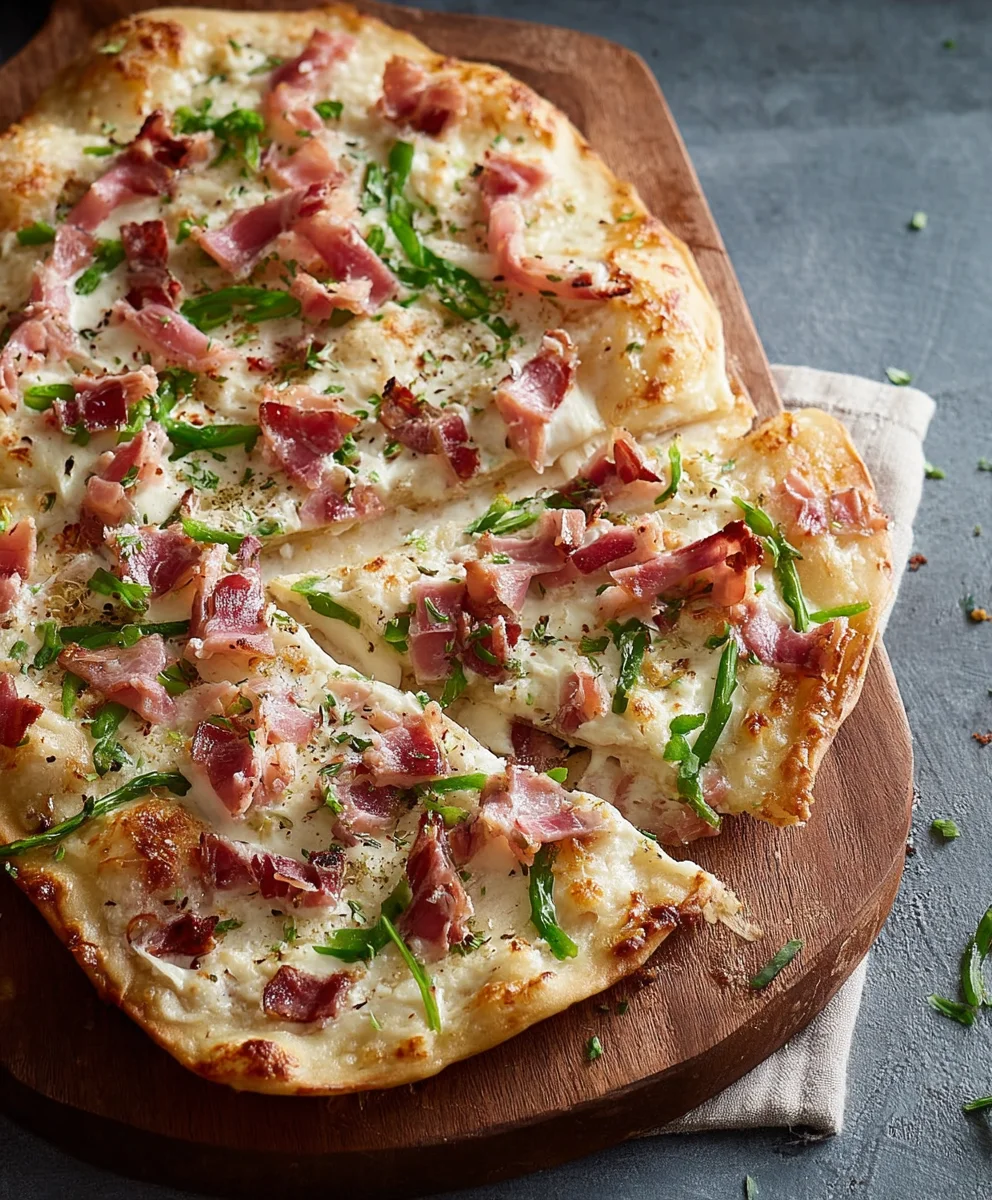 Flammkuchen mit Kefen, Rindfleischwürfel & Cremefraiche
