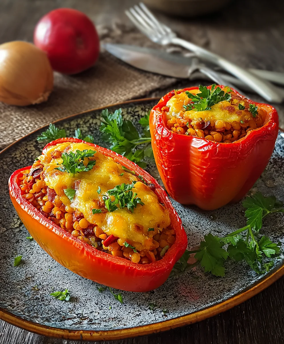 Gefüllte Spitzpaprika: Linsen-Hack-Genuss