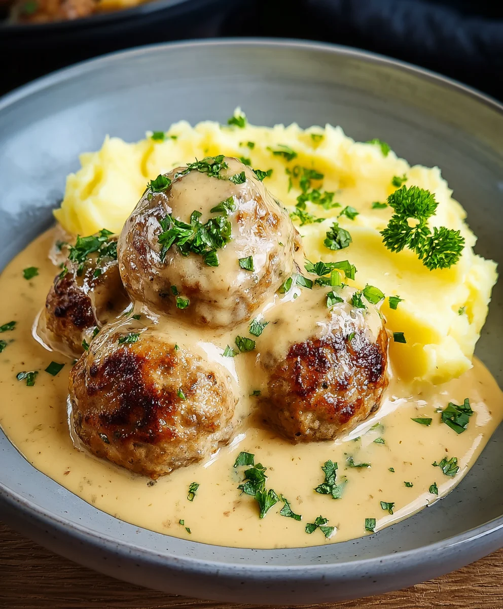 Herzhafte Rinderhackbällchen mit Püree & cremiger Sauce