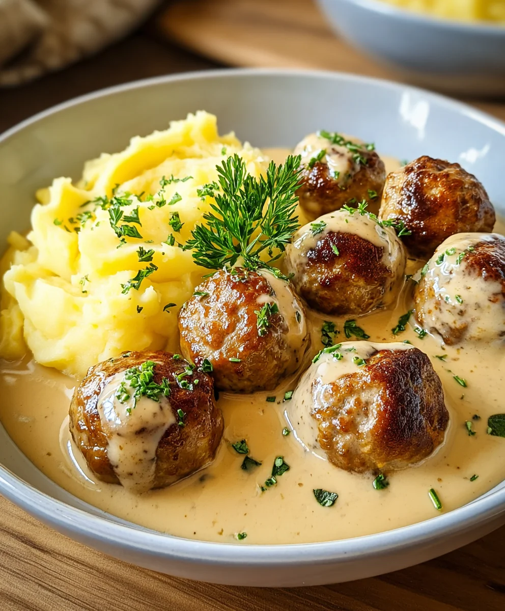 Herzhafte Rinderhackbällchen mit Püree & cremiger Sauce