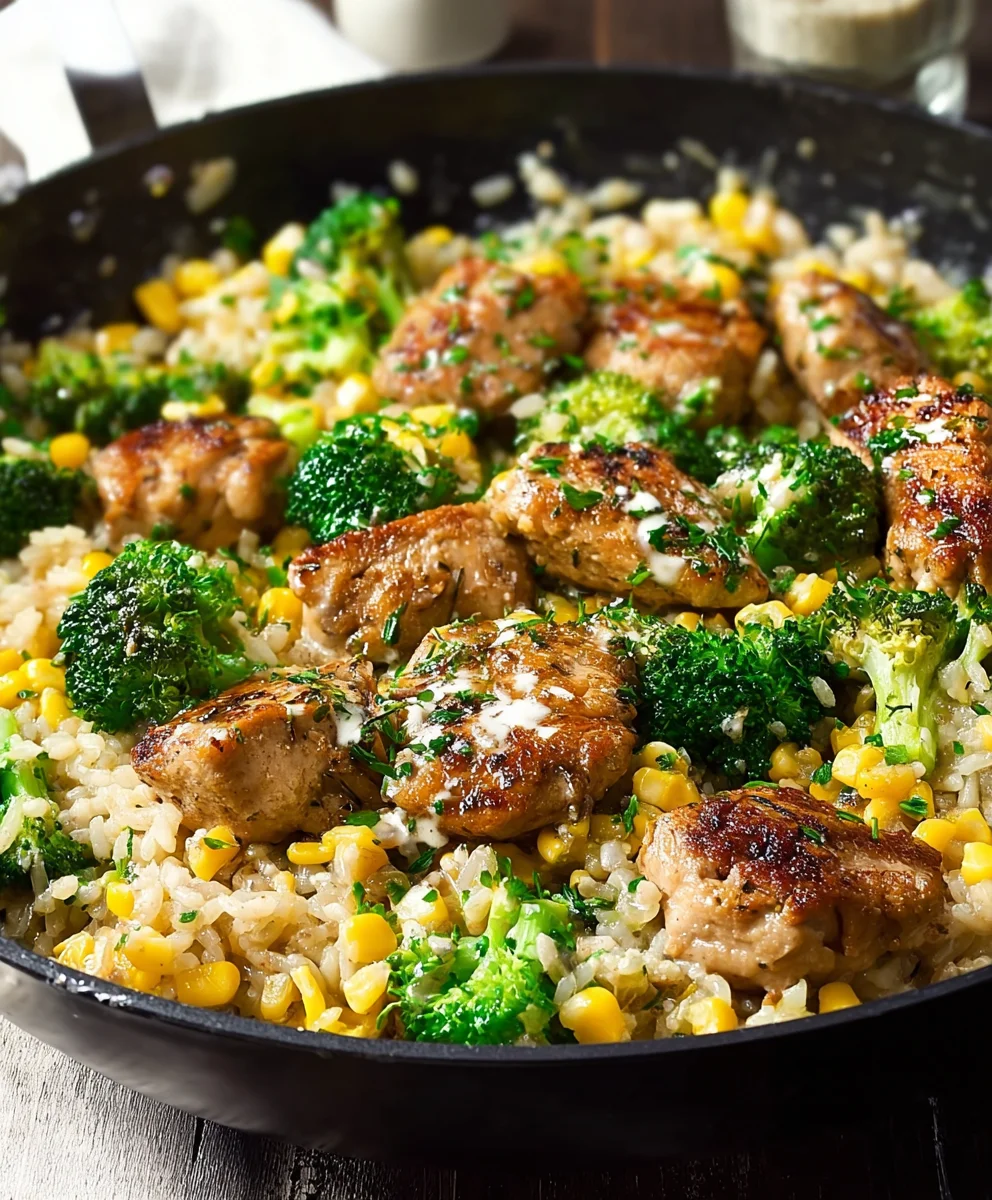 Schnelle Hähnchen-Reis-Pfanne: Brokkoli & Mais