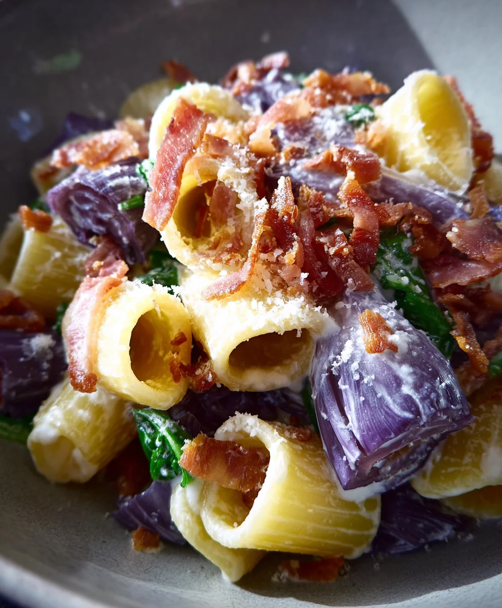 Mezze Maniche mit Rotkohl, Pecorino & Speck