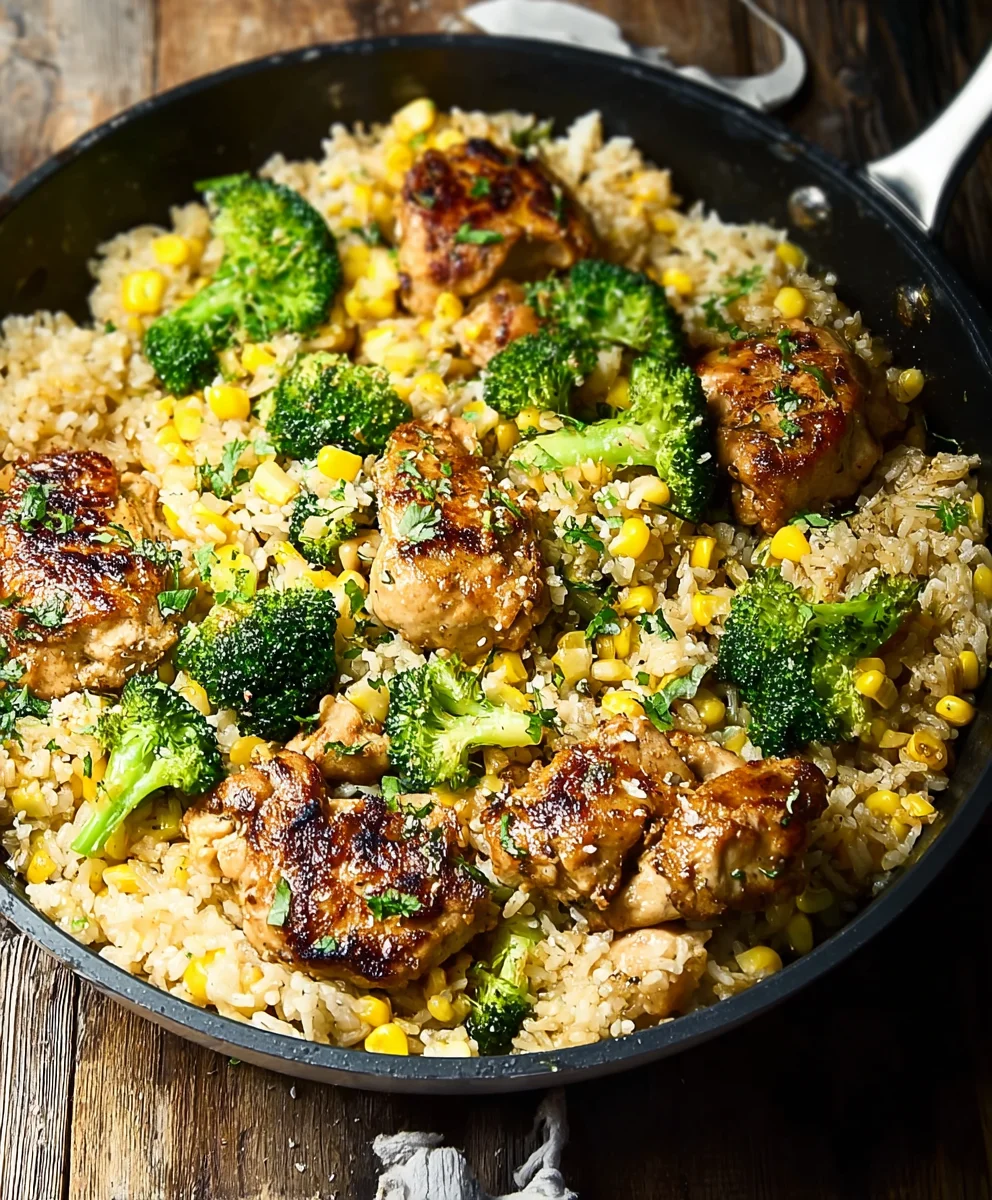 Schnelle Hähnchen-Reis-Pfanne: Brokkoli & Mais