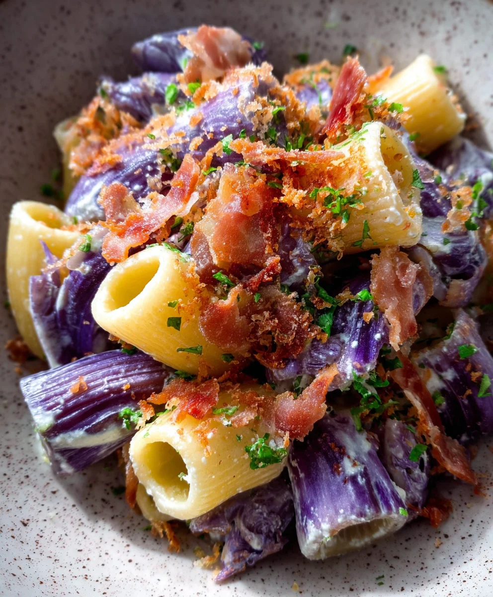Mezze Maniche mit Rotkohl, Pecorino & Speck